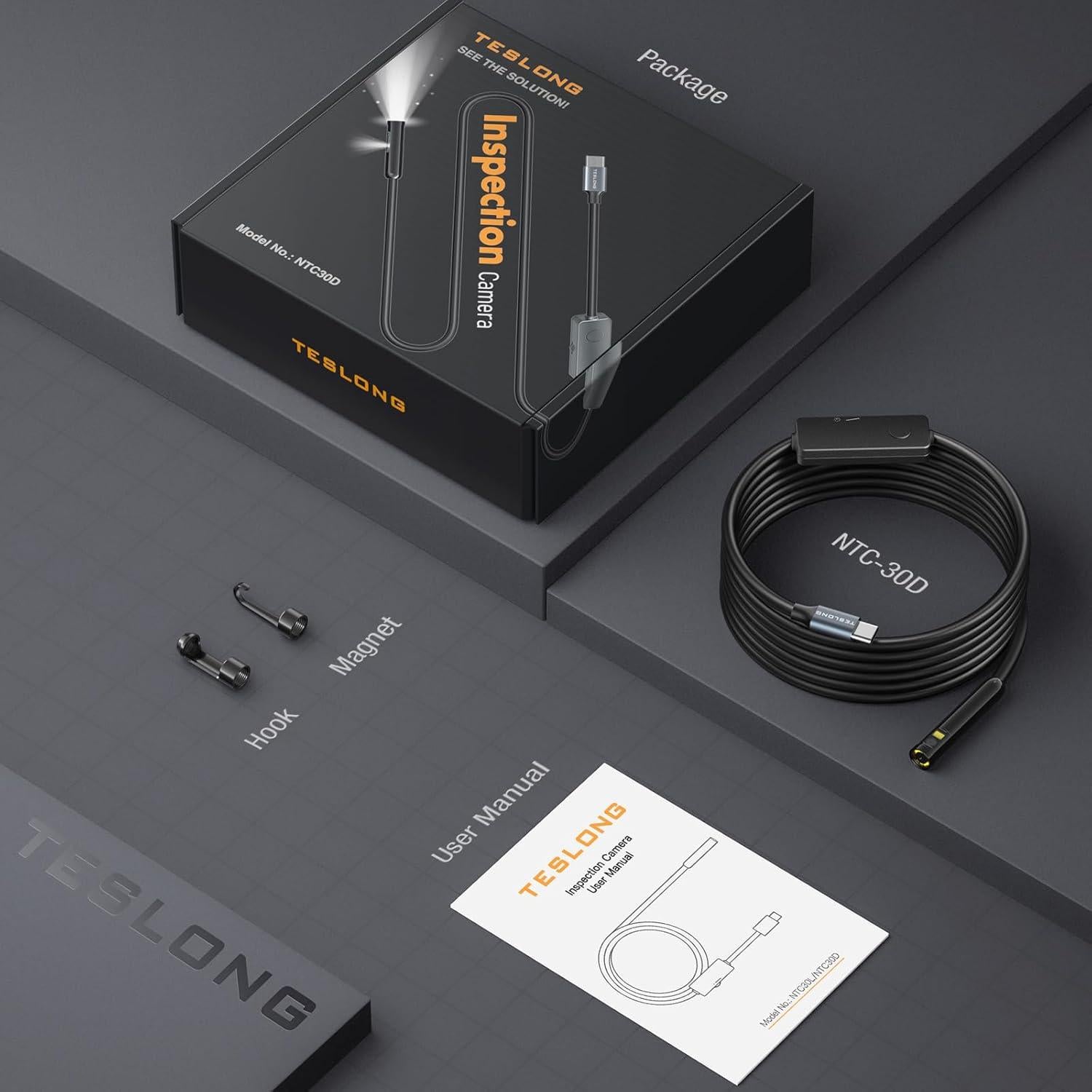 Endoscopio Doble Lente Teslong USB-C 3.05m con Luz LED