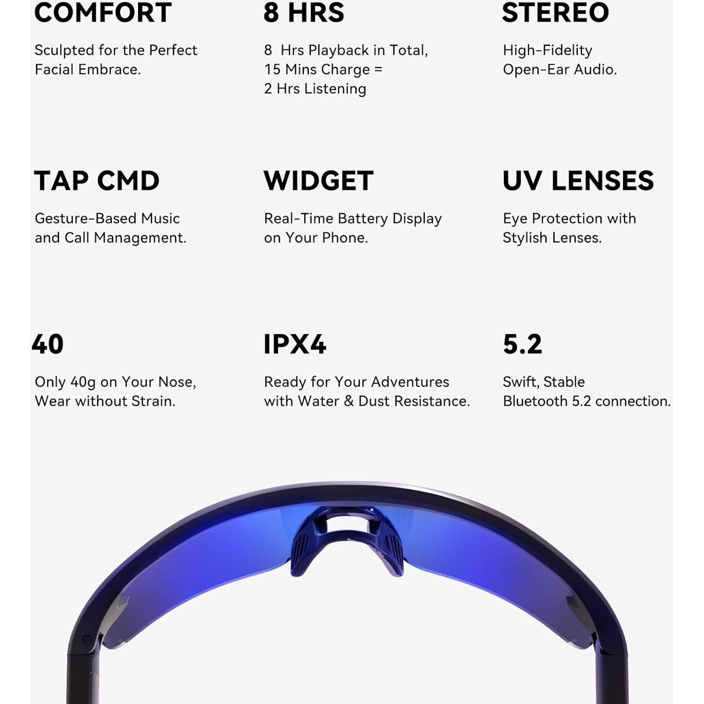 Gafas de Ciclismo WOWRIO Bluetooth UV400 Impermeables 40g