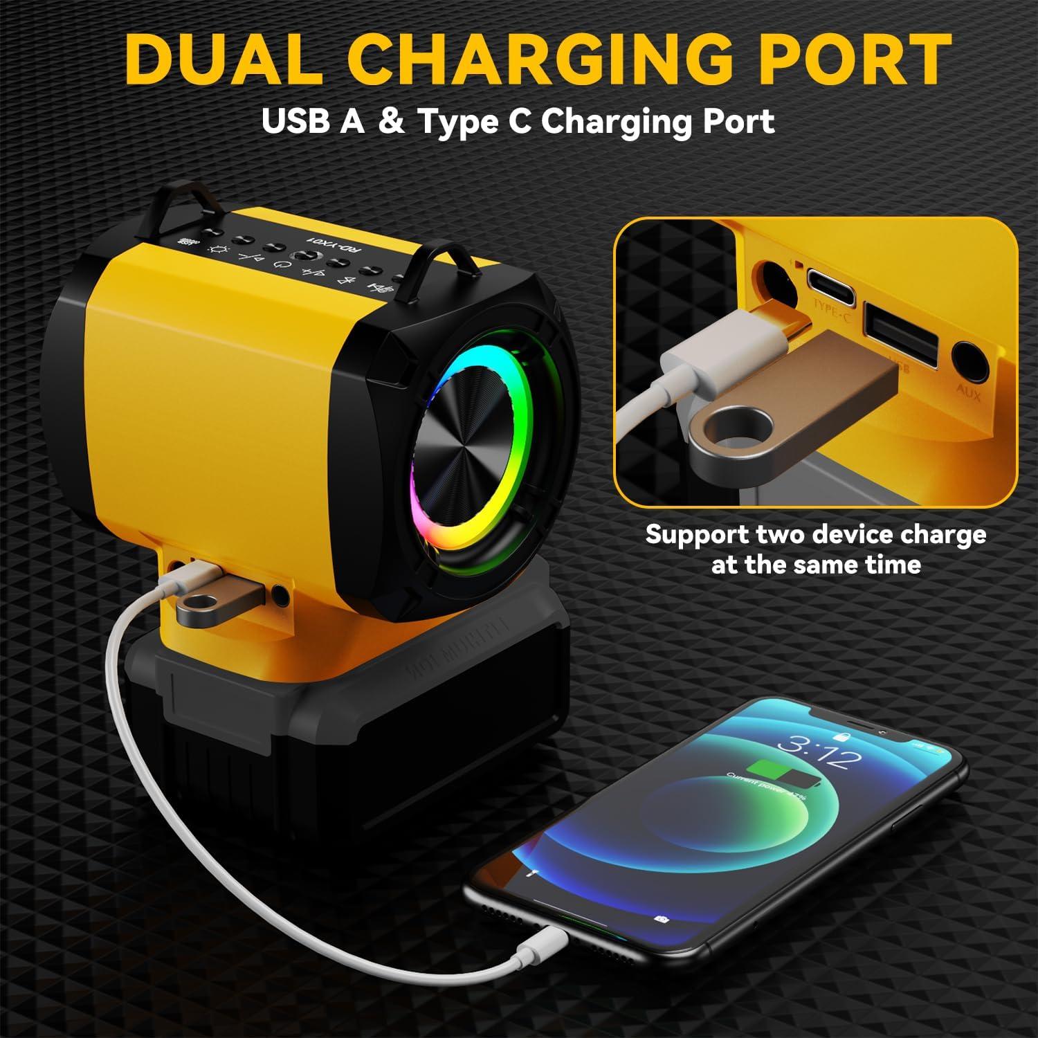 Altavoz Bluetooth Dewalt 20W con USB-C y luces LED