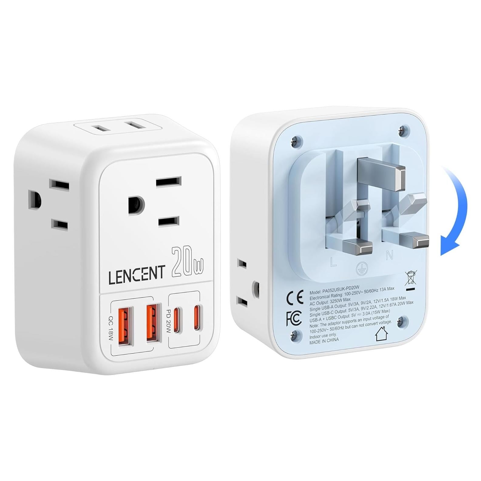 Adaptador de enchufe de viaje LENCENT 20W PD tipo G Reino Unido