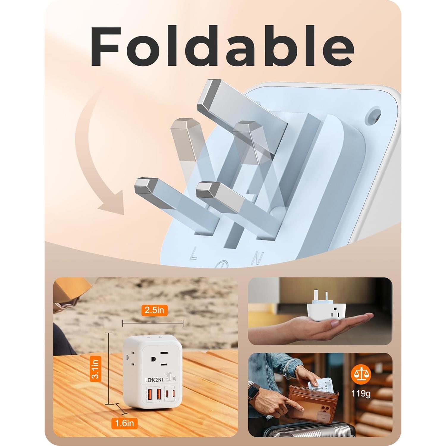 Adaptador de enchufe de viaje LENCENT 20W PD tipo G Reino Unido