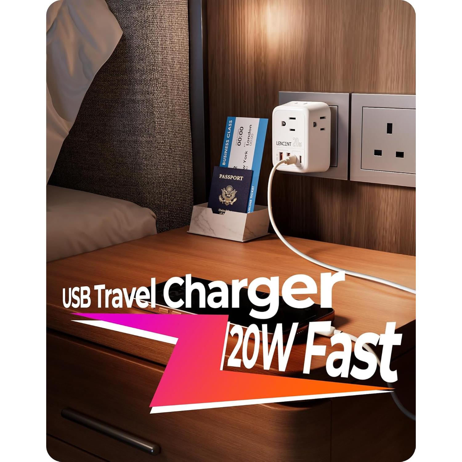 Adaptador de enchufe de viaje LENCENT 20W PD tipo G Reino Unido