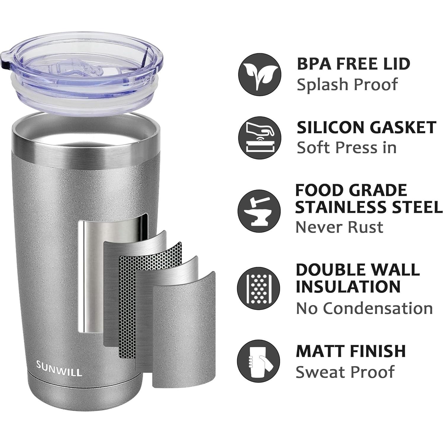 Taza de Café de Viaje SUNWILL 590 ml Acero Inoxidable Gris Frío