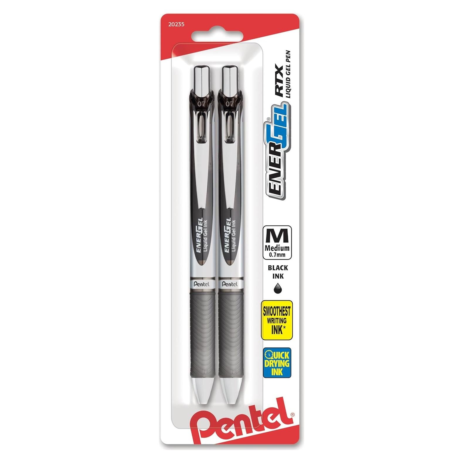 Pentel EnerGel RTX Retractable Liquid Gel Pen, (0.7mm), Medium Line, Metal Tip, Black Ink, Pack of 2 (BL77BP2A)