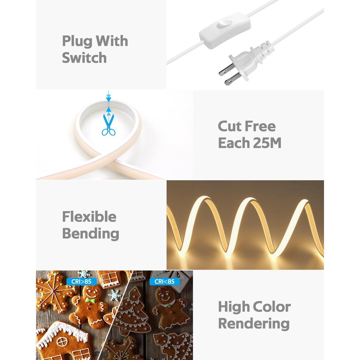 Tira de LED COB 3M 3000K Blanca Cálida IP67 con Interruptor