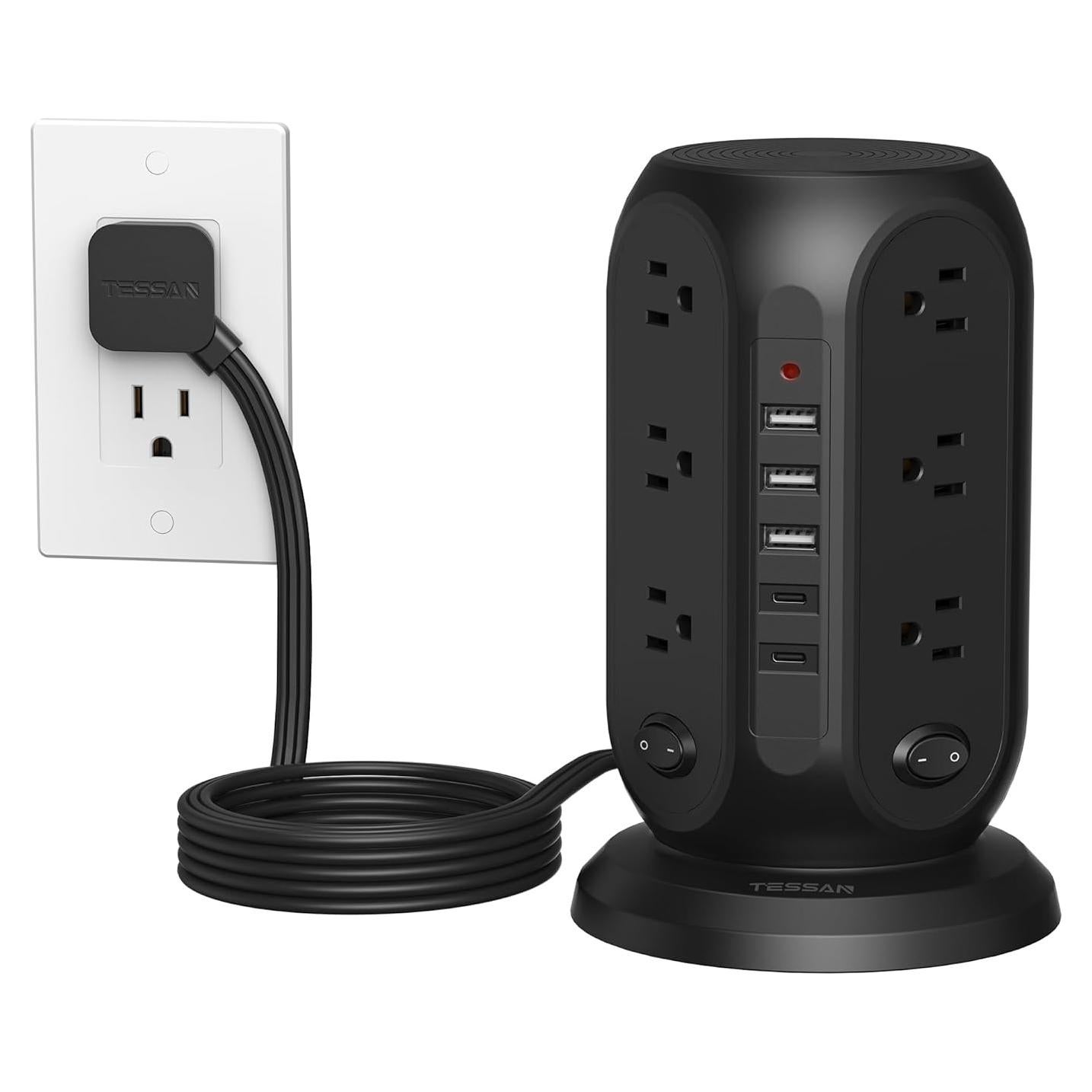 Regleta de Protección TESSAN Negra 12 Salidas 10 Pies USB