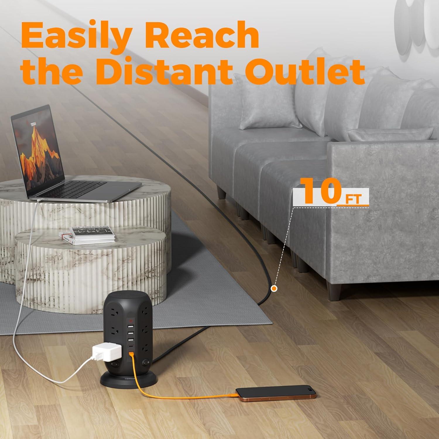 Regleta de Protección TESSAN Negra 12 Salidas 10 Pies USB