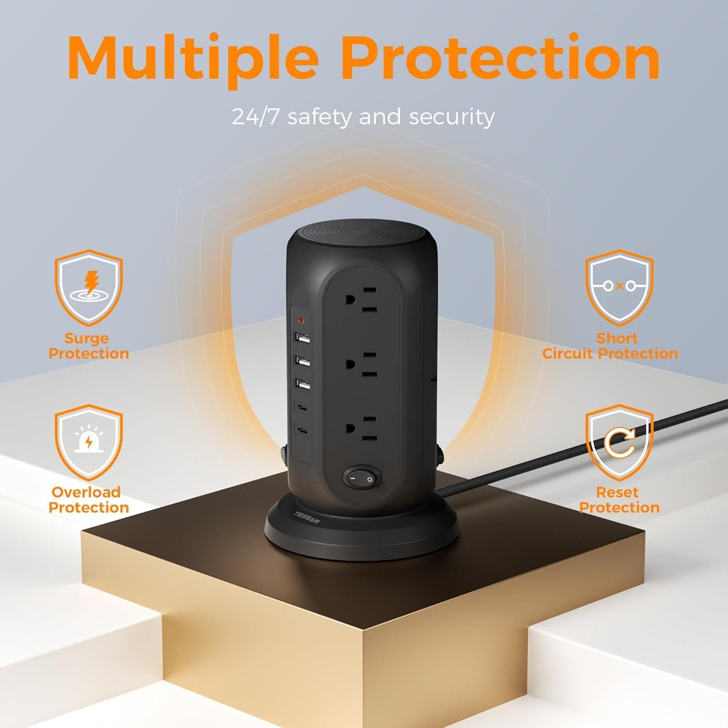 Regleta de Protección TESSAN Negra 12 Salidas 10 Pies USB