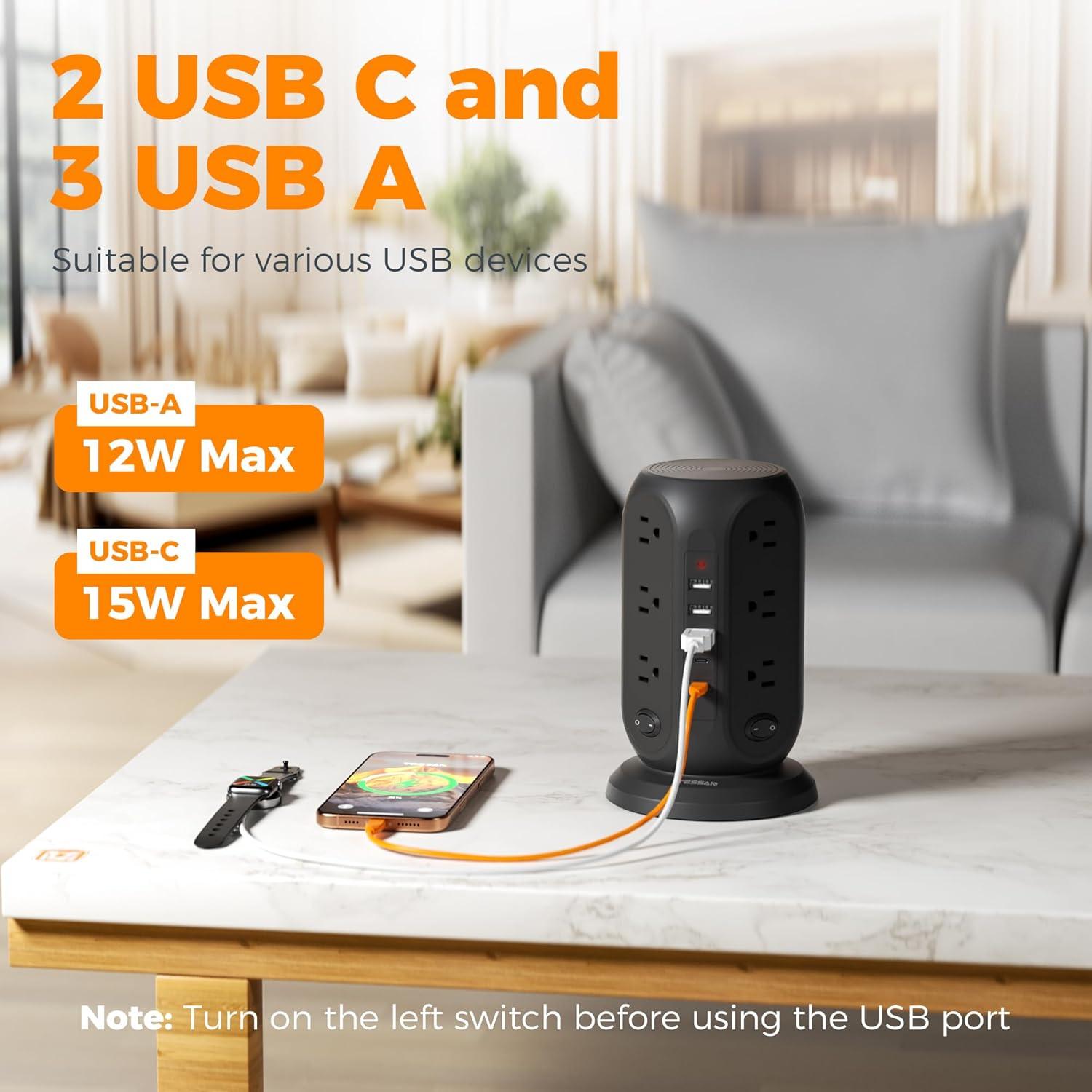 Regleta de Protección TESSAN Negra 12 Salidas 10 Pies USB