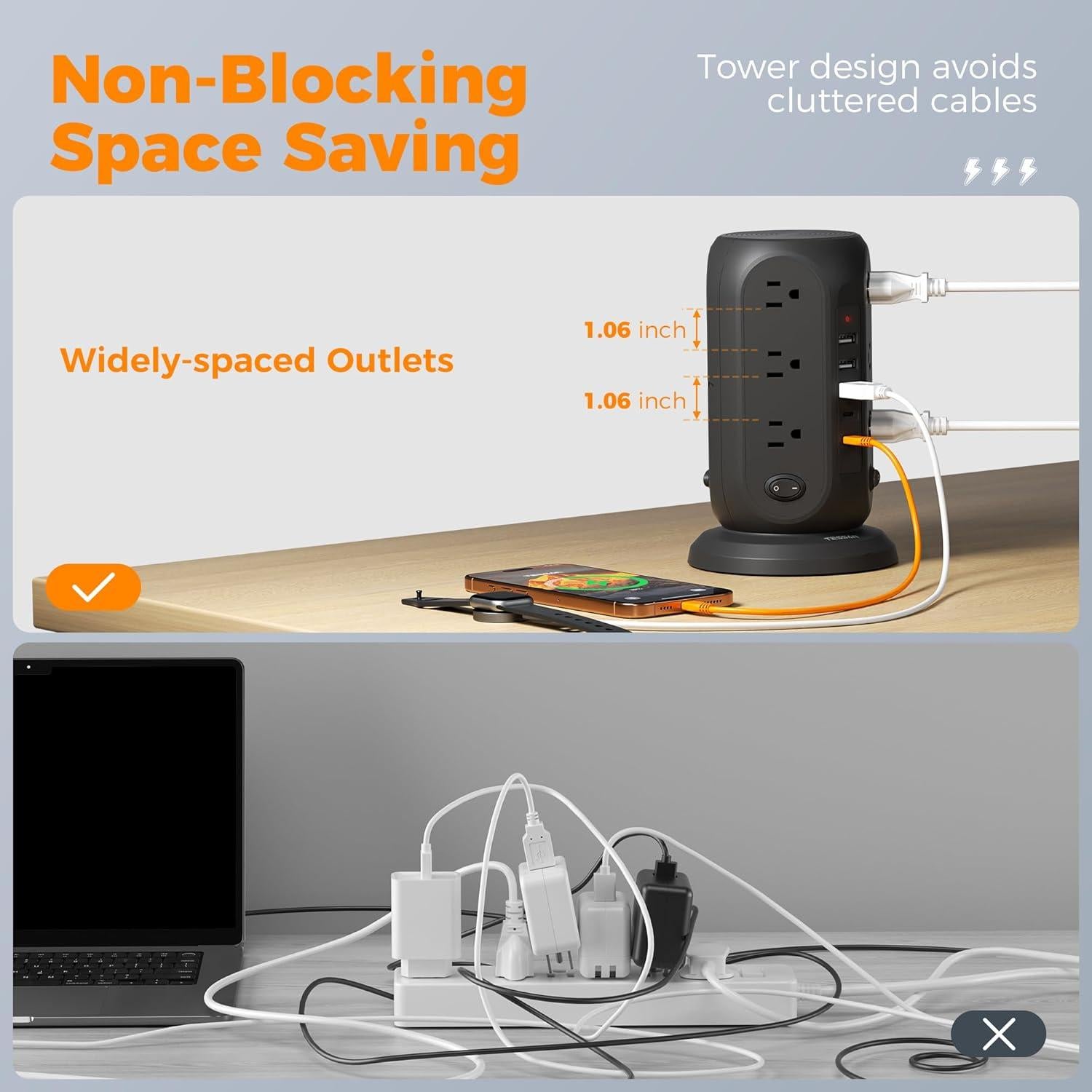 Regleta de Protección TESSAN Negra 12 Salidas 10 Pies USB