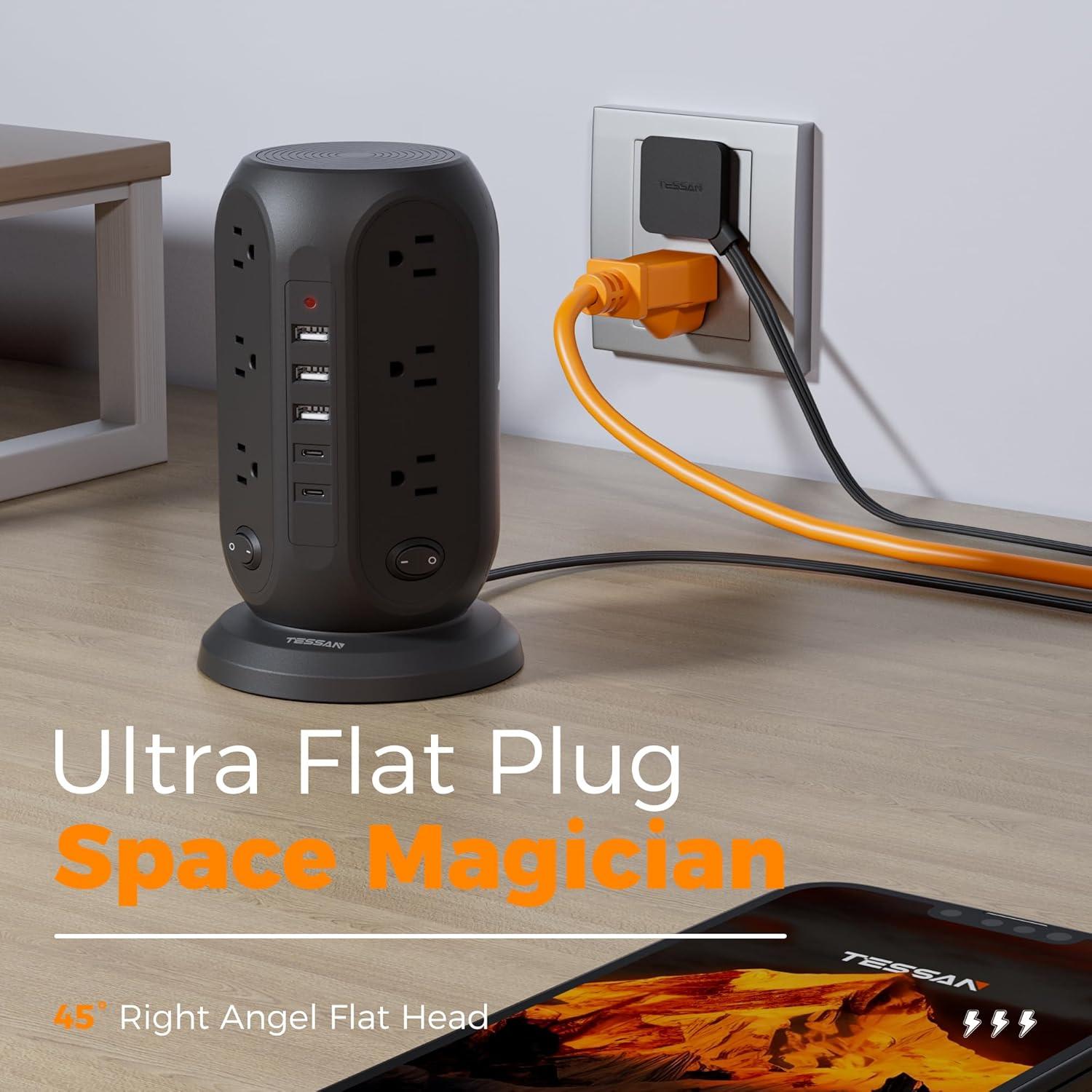 Regleta de Protección TESSAN Negra 12 Salidas 10 Pies USB