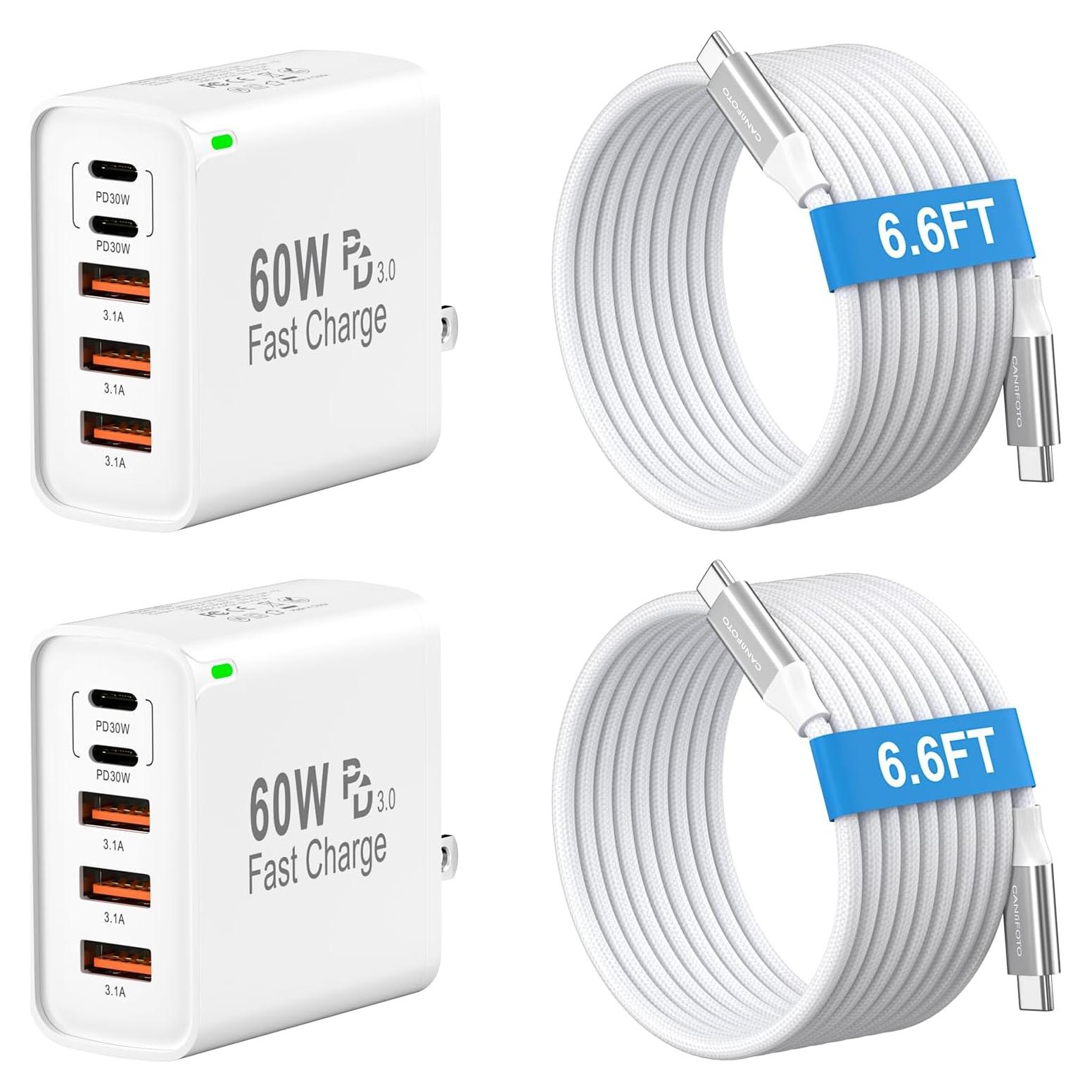 Cargador Rápido USB C 60W 5 Puertos Caniifoto + 2 Cables 2Pack