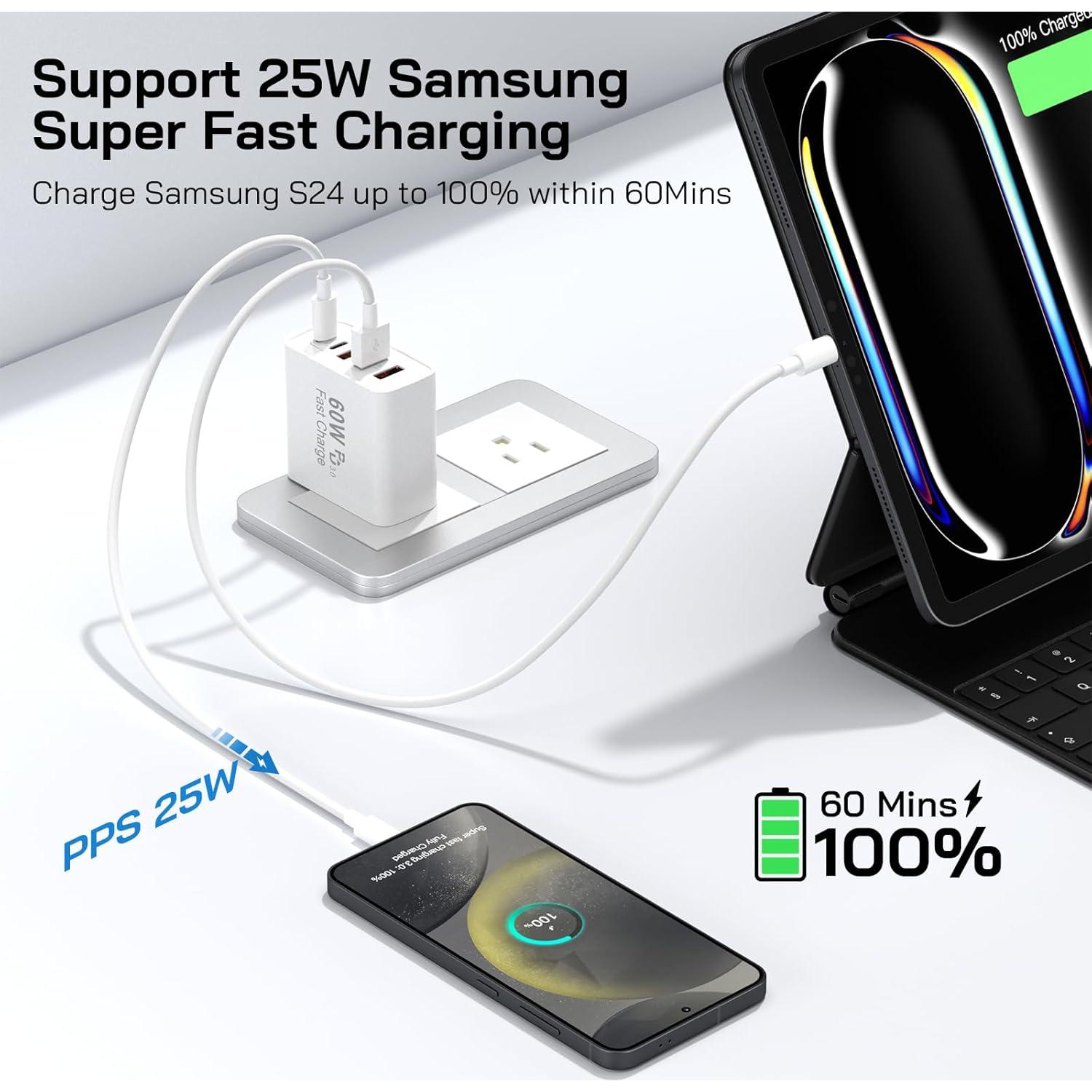 Cargador Rápido USB C 60W 5 Puertos Caniifoto + 2 Cables 2Pack