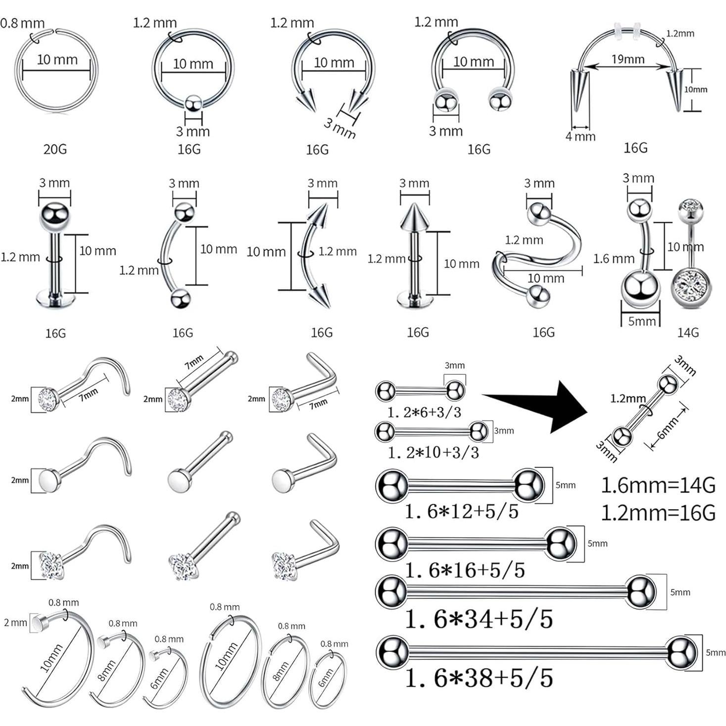 Kit de Piercing Corporal TKKUY 110 Piezas Acero Inoxidable