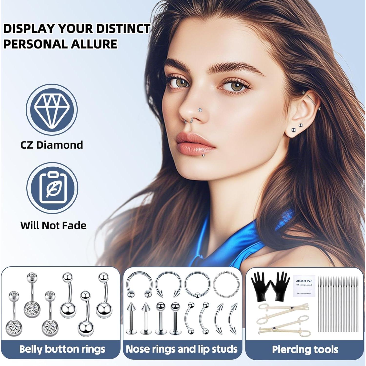 Kit de Piercing Corporal TKKUY 110 Piezas Acero Inoxidable