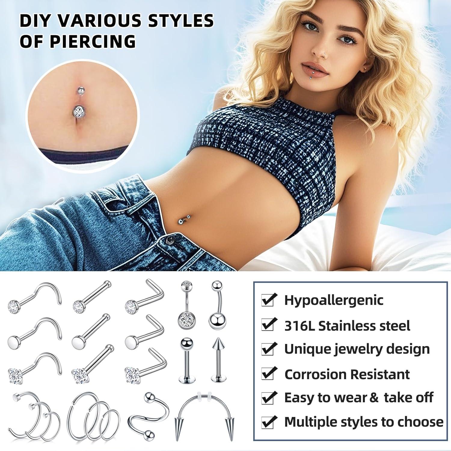 Kit de Piercing Corporal TKKUY 110 Piezas Acero Inoxidable