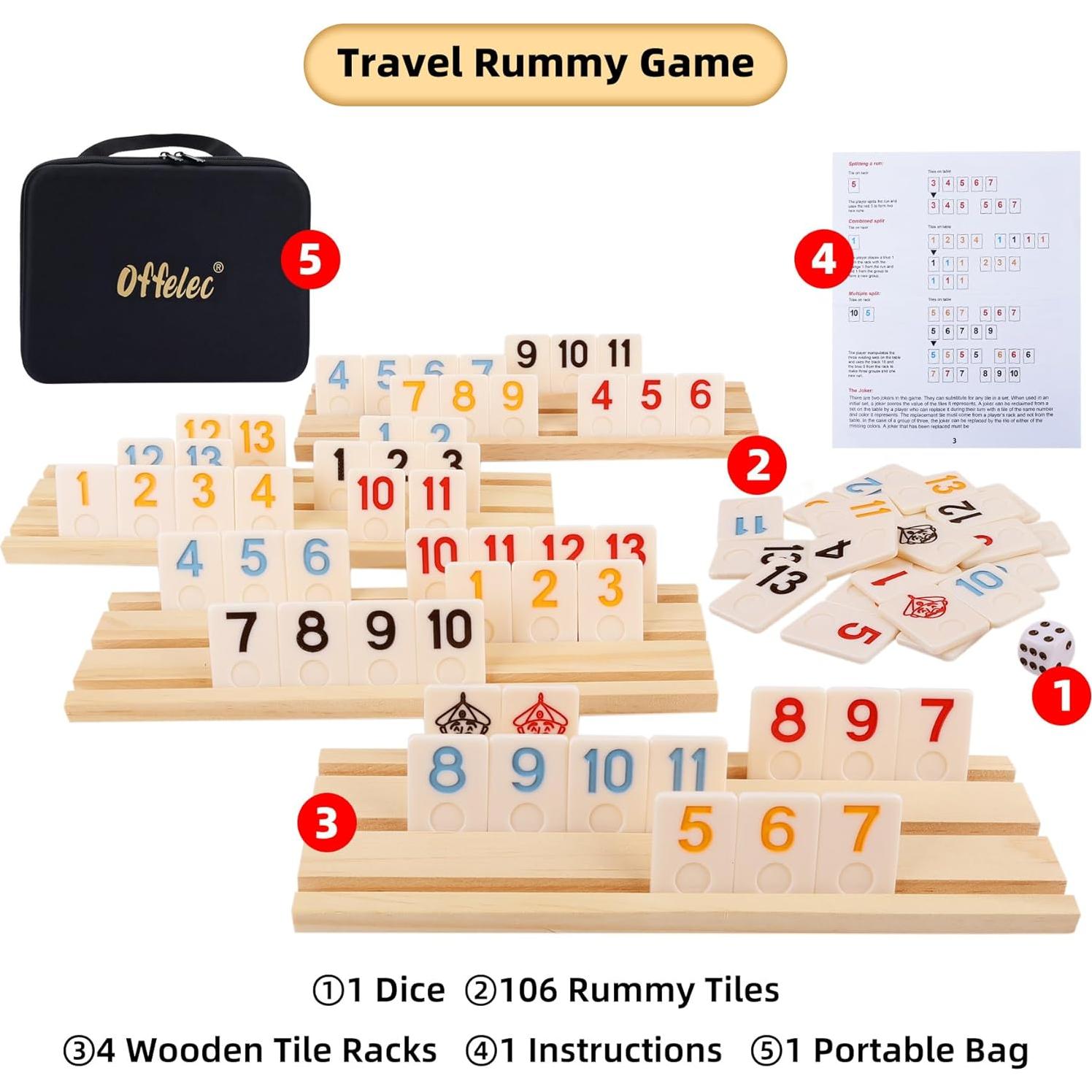 Juego de Rummy Mejorado Offelec con Fichas Grandes y Bolsa