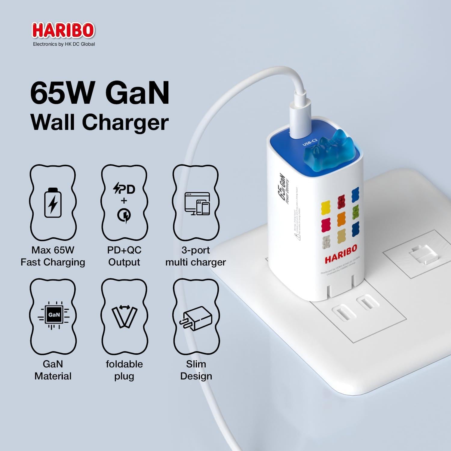 Cargador de pared Haribo 65W GaN 3 puertos USB-C/A rápido