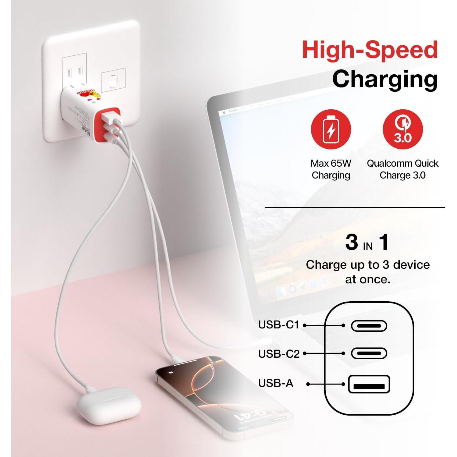 Cargador de pared Haribo 65W GaN 3 puertos USB-C/A rápido
