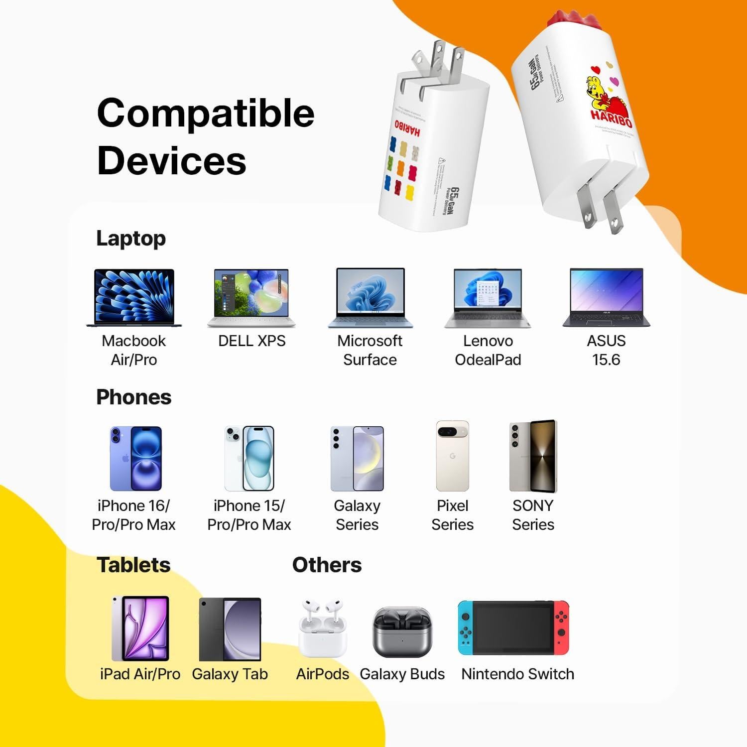 Cargador de pared Haribo 65W GaN 3 puertos USB-C/A rápido