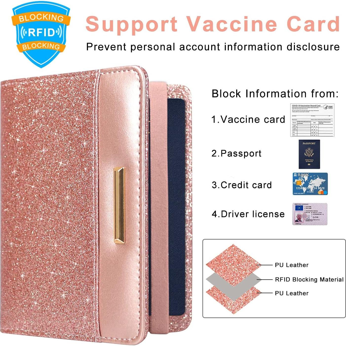 Porta Pasaporte y Tarjeta de Vacuna Caweet RFID Rosa Dorado