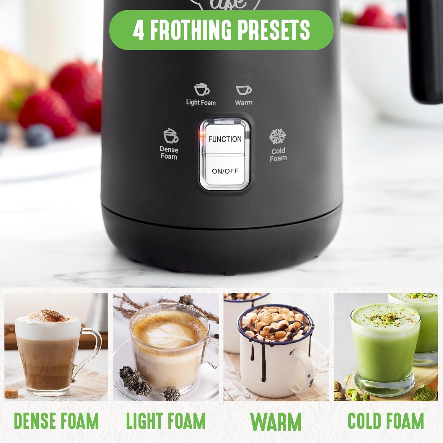 Espumador de Leche Eléctrico GreenLife 295ml 4-en-1 Negro