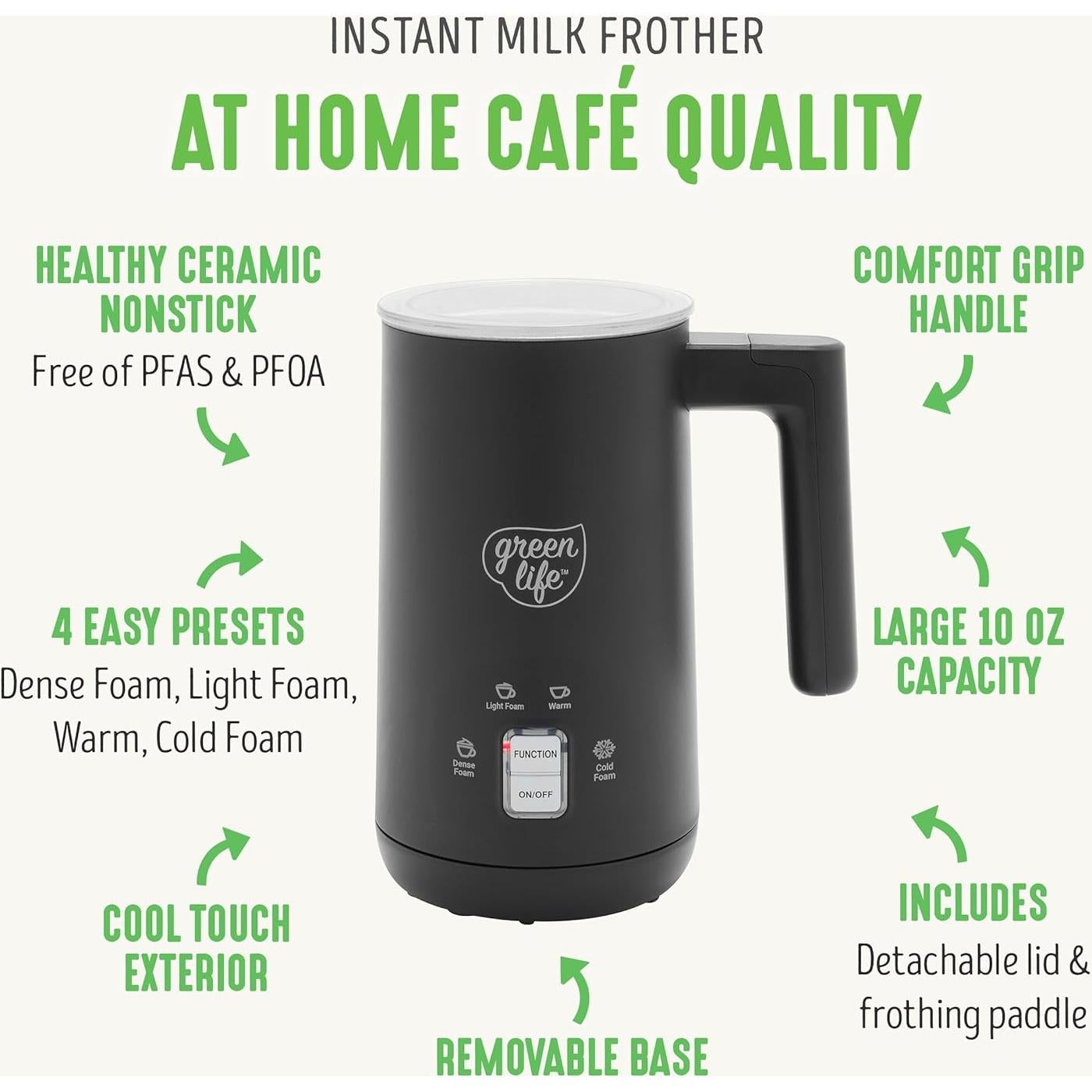 Espumador de Leche Eléctrico GreenLife 295ml 4-en-1 Negro