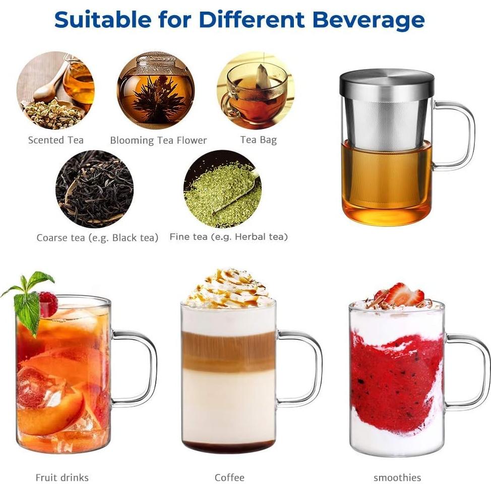 Taza de Té de Vidrio Borosilicato ecooe 500ml con Infusor Acero