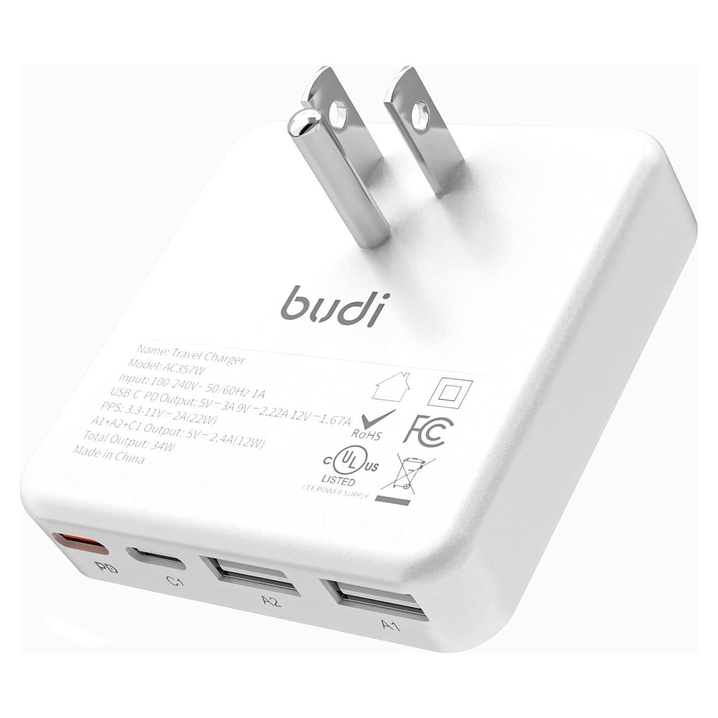 Cargador de pared USB C BUDI 34W 4 Puertos Carga Rápida