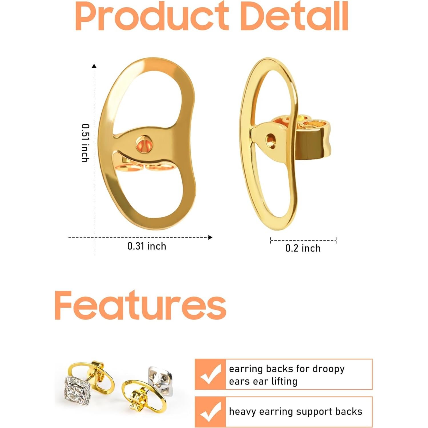 Earring Backs for Droopy Ears, Adjustable Heavy Earrings Lifters Backs, 6 Pairs (4 Gold + 2 Silicone)