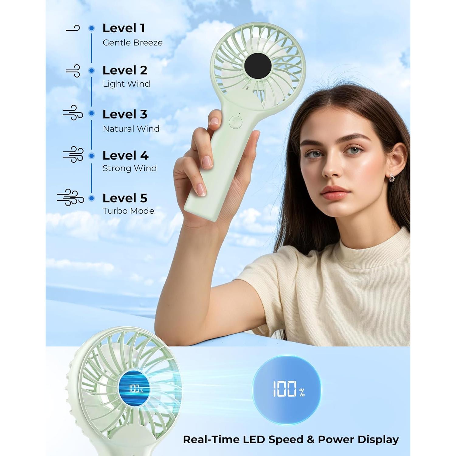 Ventilador Mini Portátil Wegte FS110 Verde Aguacate 5 Velocidades