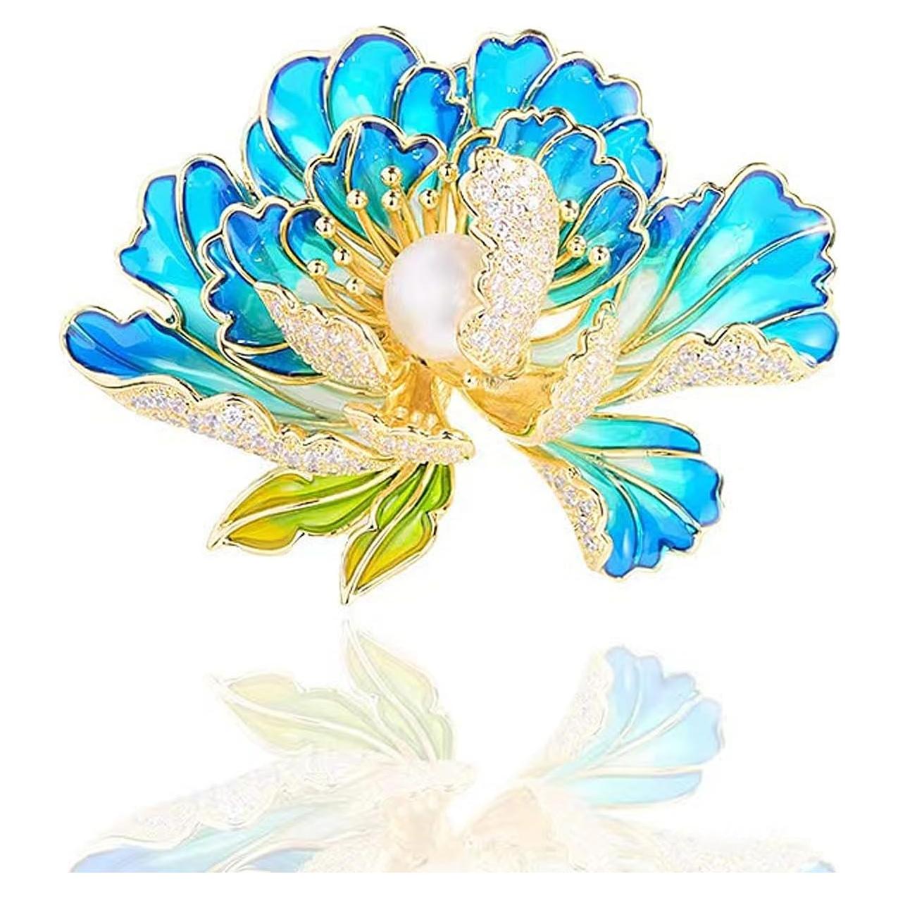 Broche de Flores GOGB PBDK con Circonios y Esmalte Azul