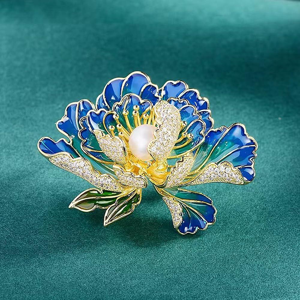 Broche de Flores GOGB PBDK con Circonios y Esmalte Azul