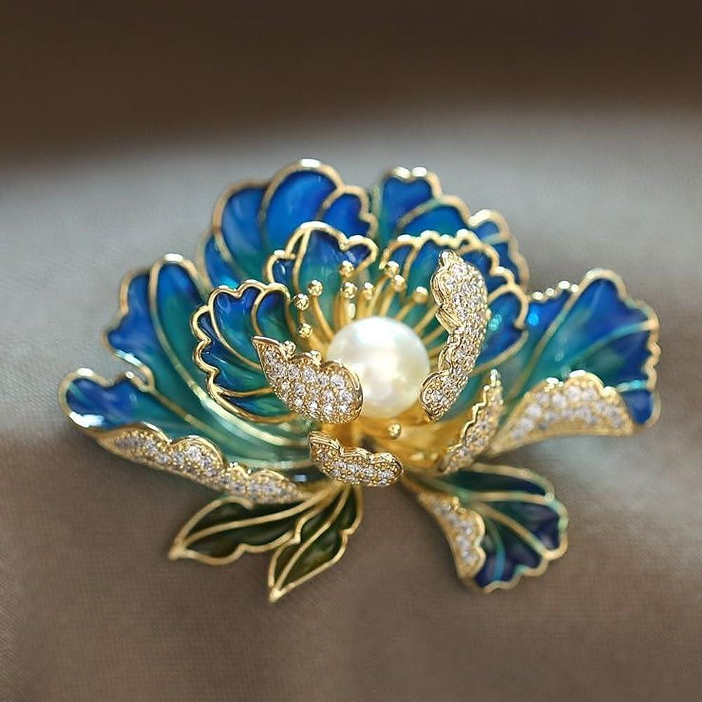 Broche de Flores GOGB PBDK con Circonios y Esmalte Azul