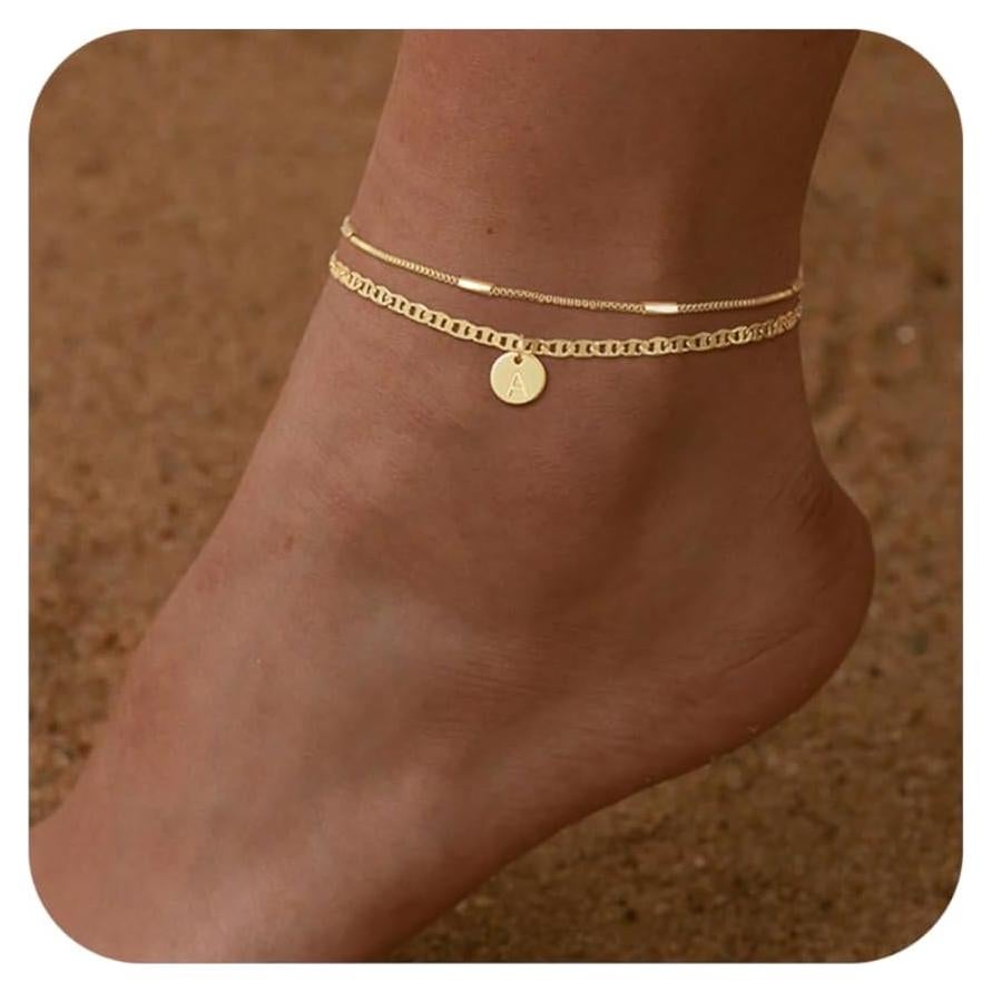 Initial Ankle Bracelets for Women 14K Gold Plated Dainty Layered Round Letter Anklets Beach Jewelry Gift
