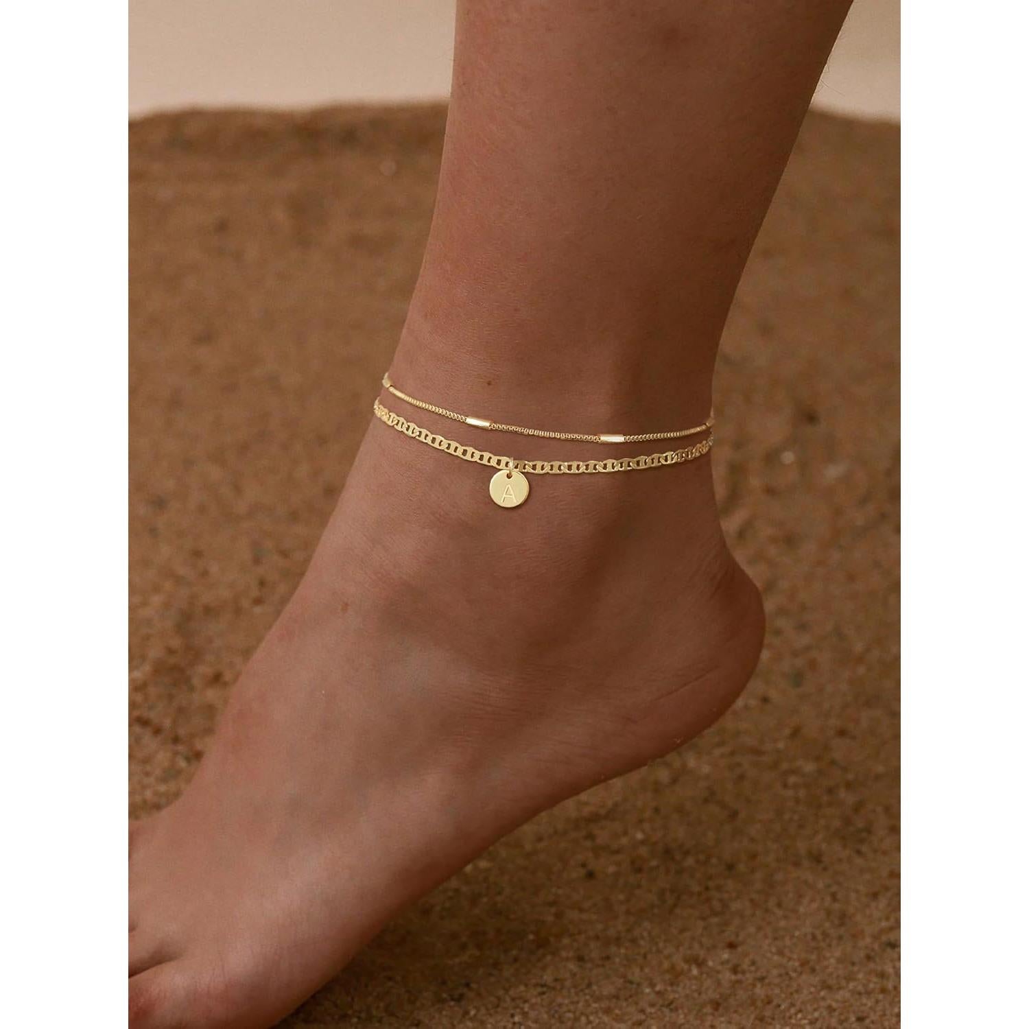 Initial Ankle Bracelets for Women 14K Gold Plated Dainty Layered Round Letter Anklets Beach Jewelry Gift