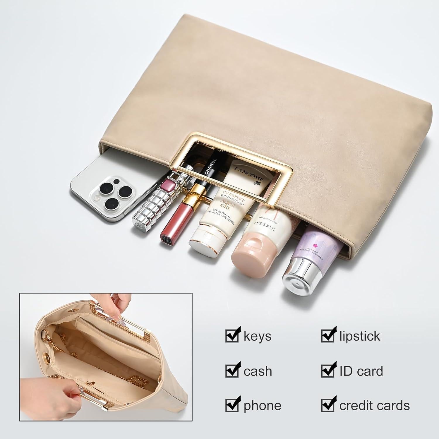 Bolso Clutch de Cuero Vegano Beige para Mujeres 31x20cm