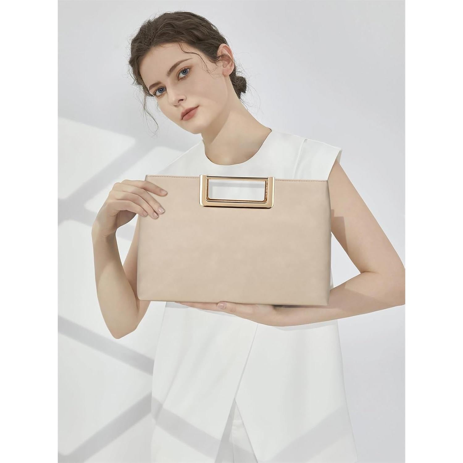 Bolso Clutch de Cuero Vegano Beige para Mujeres 31x20cm