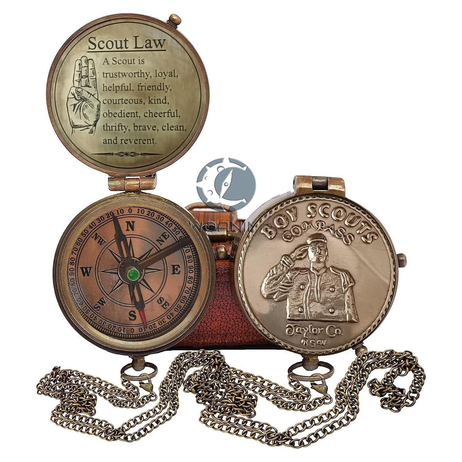 Brújula Scout de Latón WOANIN con Caja de Cuero 5.08cm