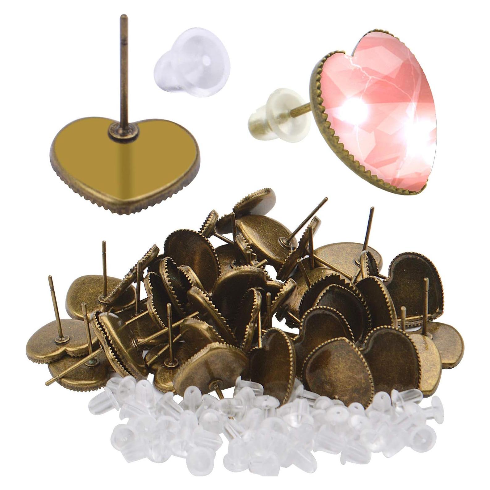 Aylifu Earring Cabochon Settings, 40 Pieces Cabochon Stud Earrings Blank Heart Shape Earring Bezel Tray with 40 Pieces Earring Safety Backs for Jewelry Making,Bronze