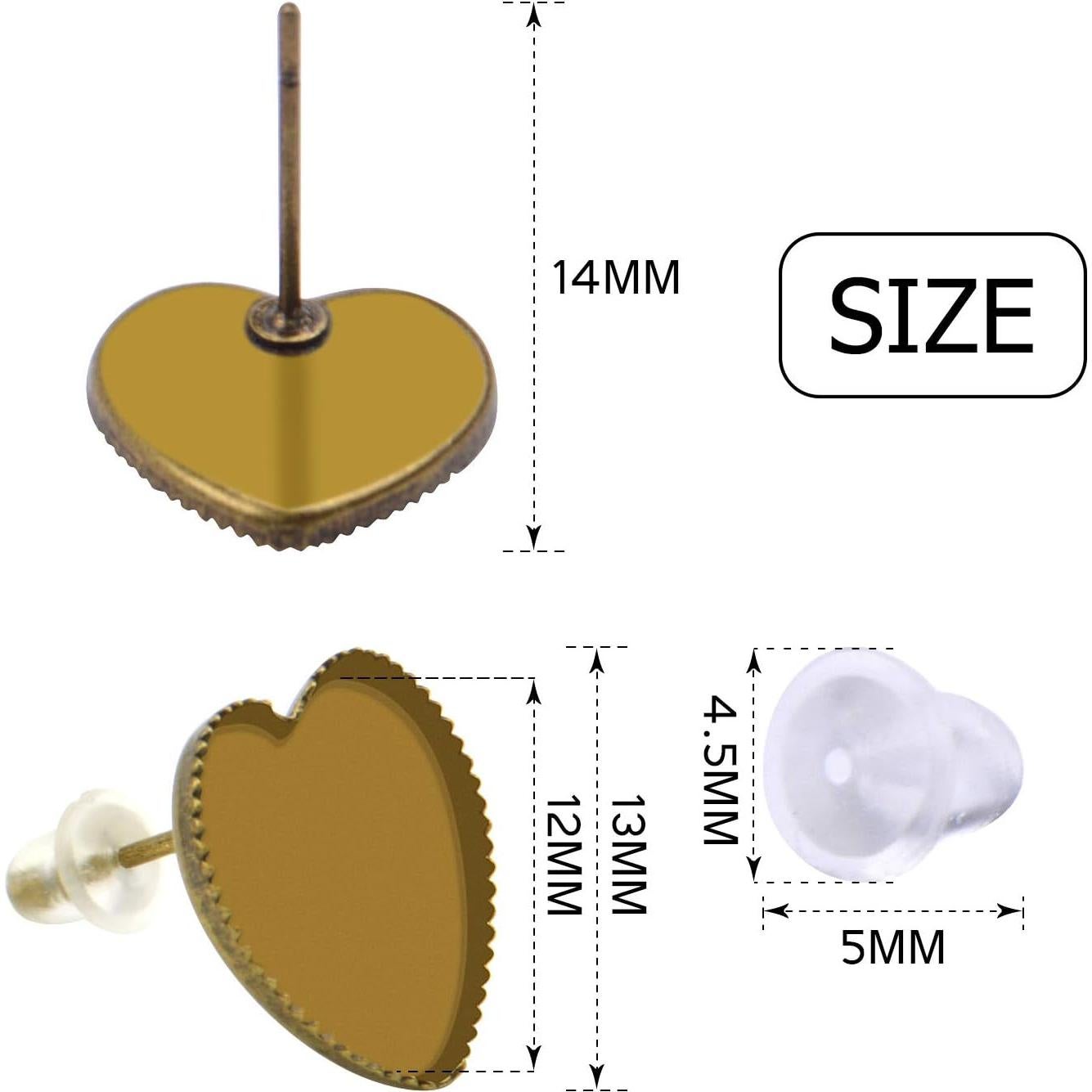 Aylifu Earring Cabochon Settings, 40 Pieces Cabochon Stud Earrings Blank Heart Shape Earring Bezel Tray with 40 Pieces Earring Safety Backs for Jewelry Making,Bronze