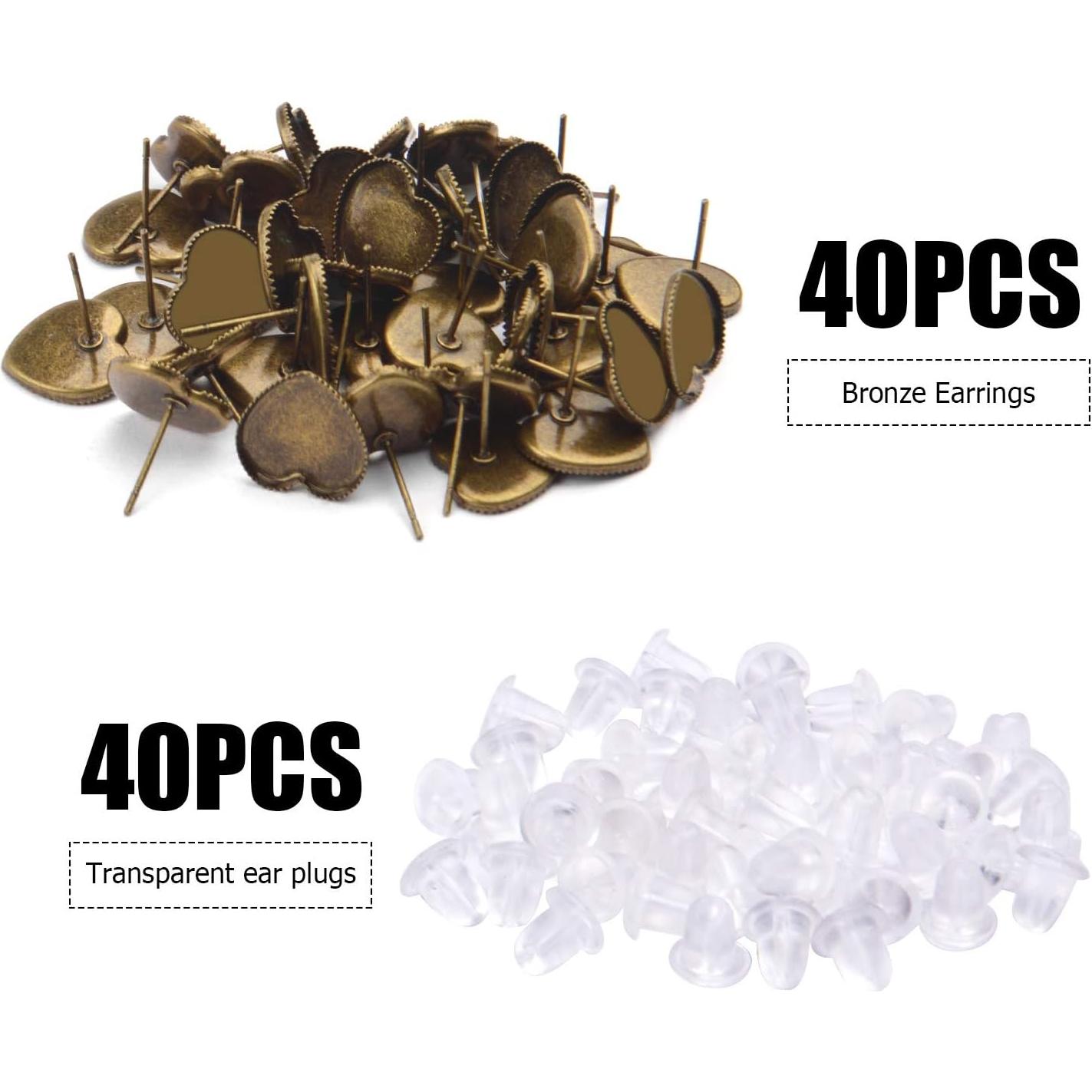 Aylifu Earring Cabochon Settings, 40 Pieces Cabochon Stud Earrings Blank Heart Shape Earring Bezel Tray with 40 Pieces Earring Safety Backs for Jewelry Making,Bronze