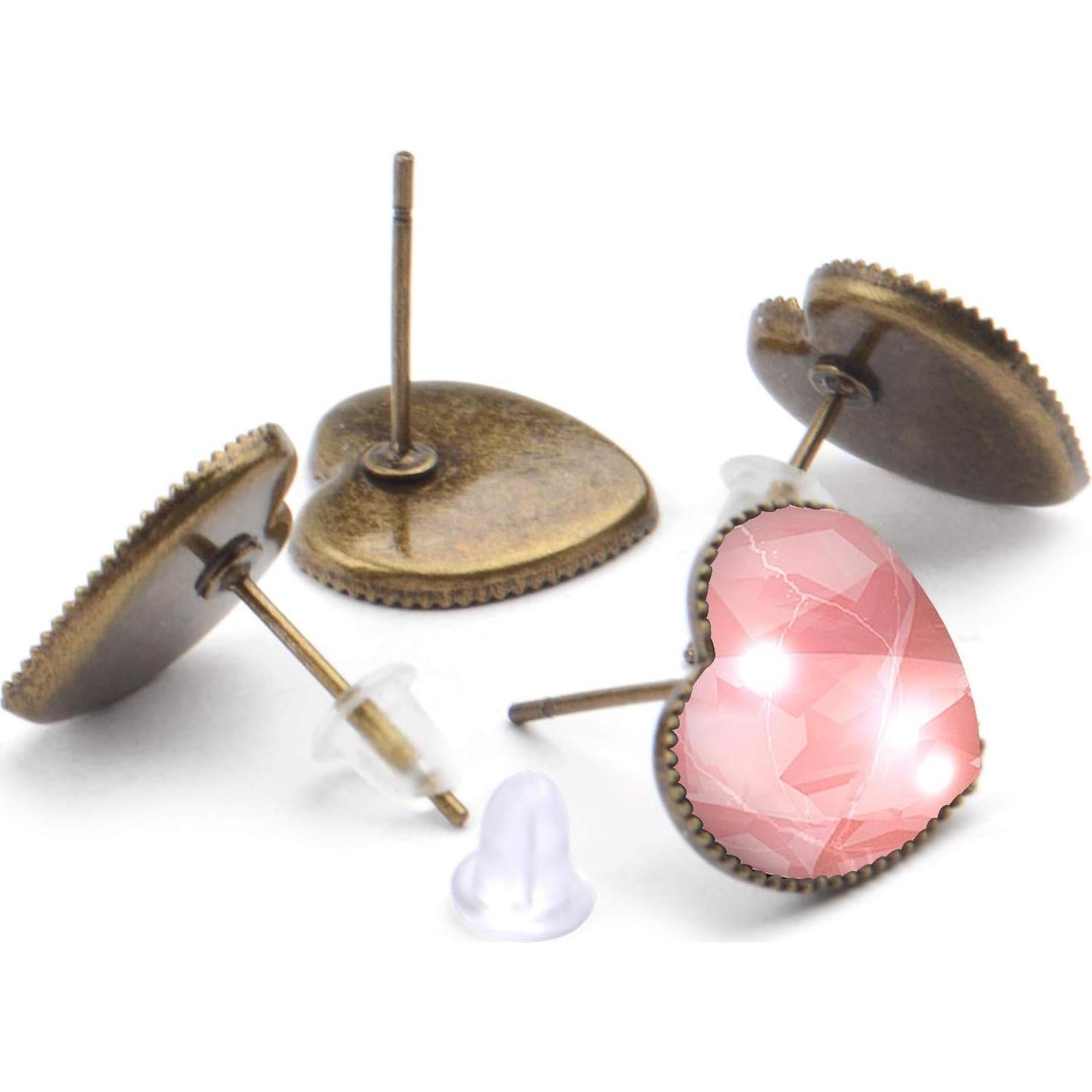 Aylifu Earring Cabochon Settings, 40 Pieces Cabochon Stud Earrings Blank Heart Shape Earring Bezel Tray with 40 Pieces Earring Safety Backs for Jewelry Making,Bronze