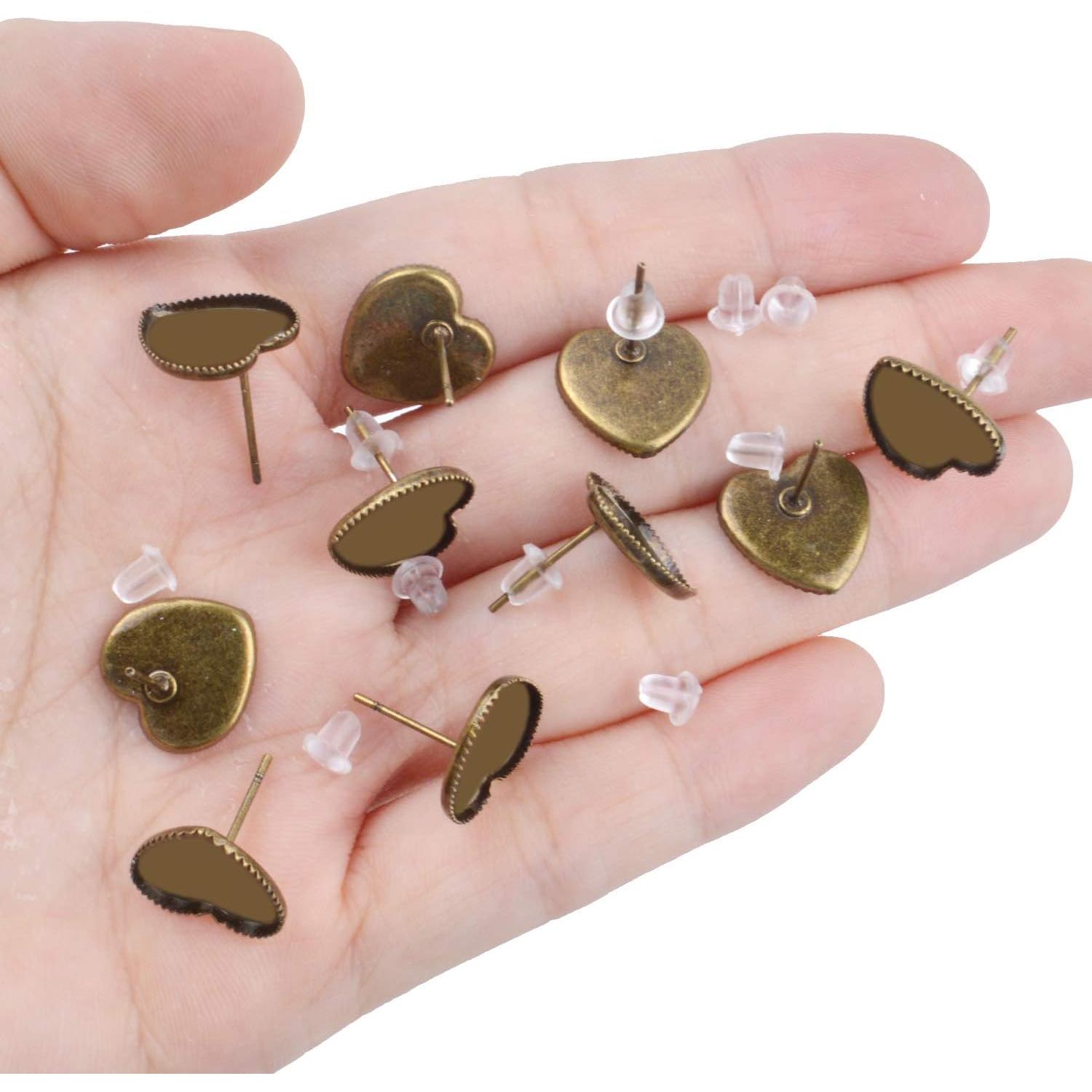 Aylifu Earring Cabochon Settings, 40 Pieces Cabochon Stud Earrings Blank Heart Shape Earring Bezel Tray with 40 Pieces Earring Safety Backs for Jewelry Making,Bronze
