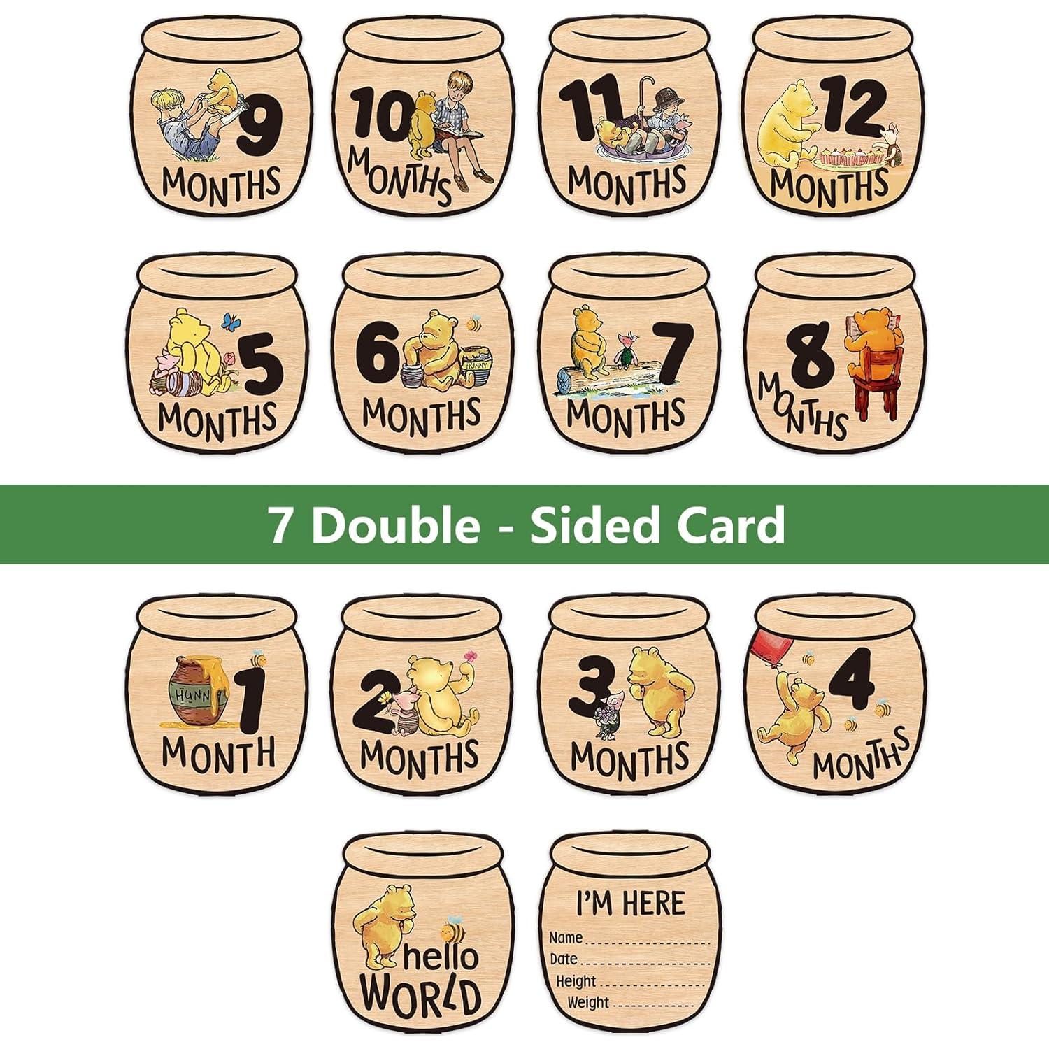 Tarjetas de Hito Mensual de Madera Oso - 12 Carteles Doble Cara