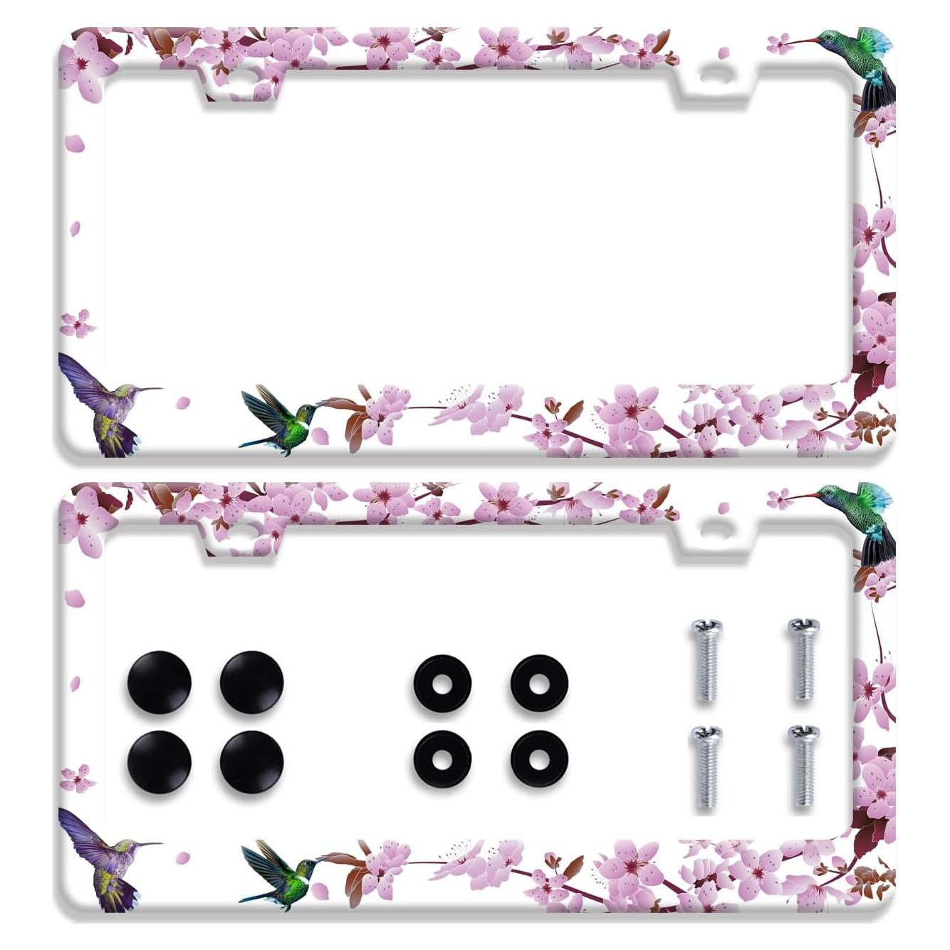 Marco de Placa de Licencia LOISTAVA Flores de Colibrí 2 Pcs