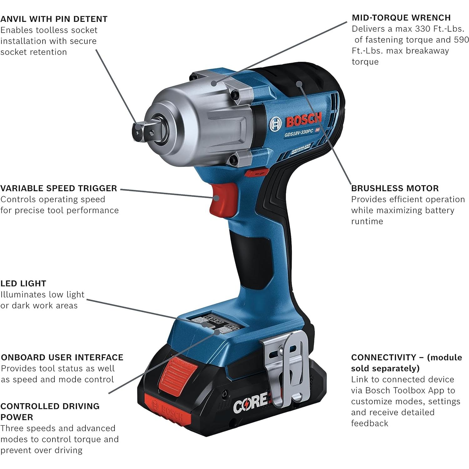 Llave de Impacto Bosch GDS18V-330PCB25 18V 1/2" Sin Escobillas