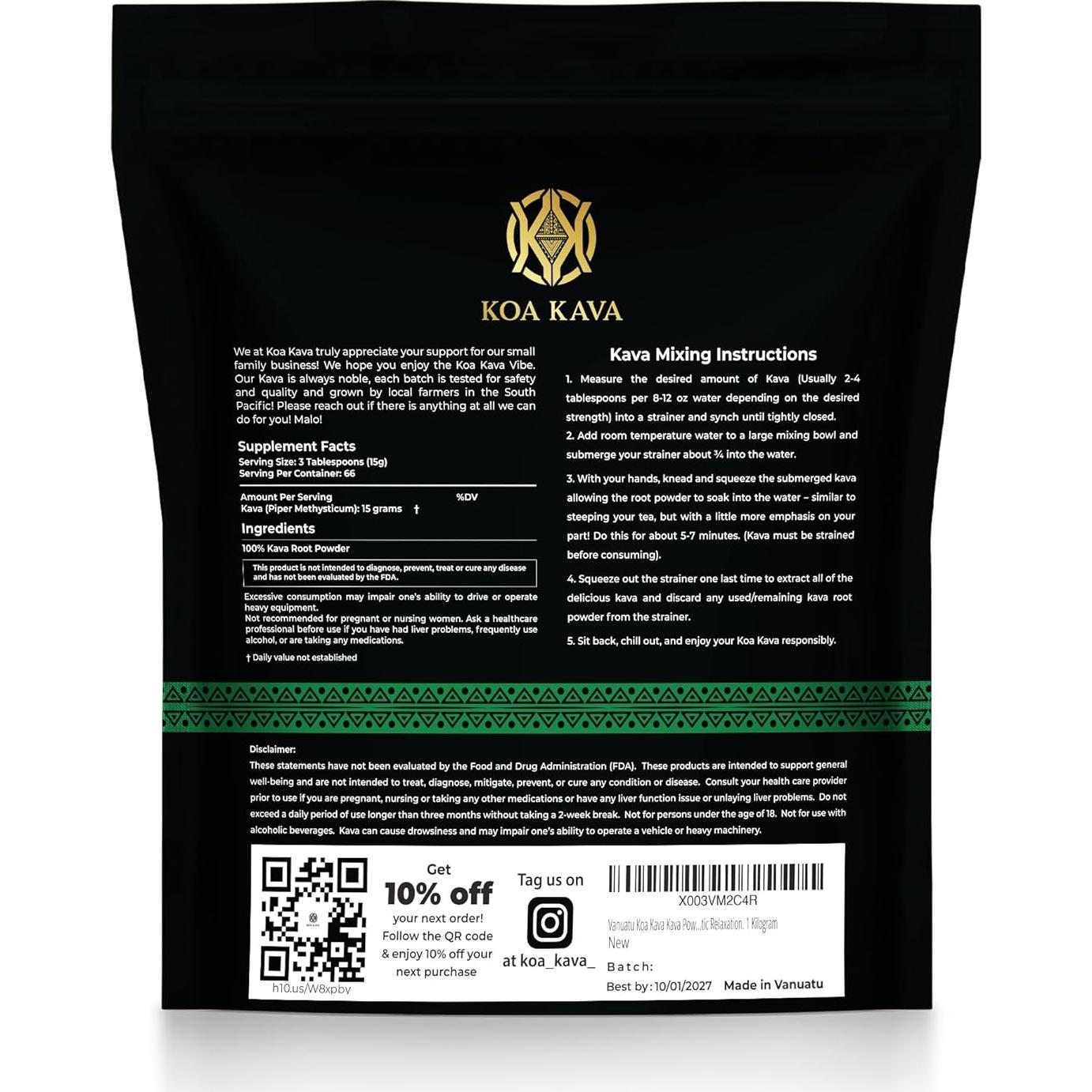 Kava Kava Polvo Premium Koa - 1 Kg de Vanuatu para Relajación