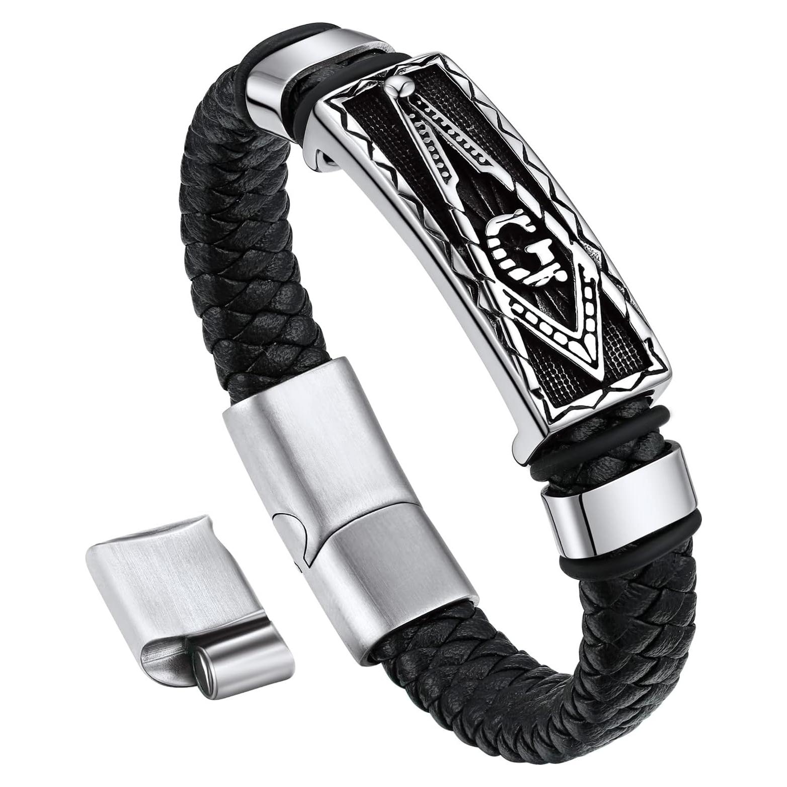 Pulsera de Cuero Trenzado Negra para Hombre Bandmax con Colgante Masónico