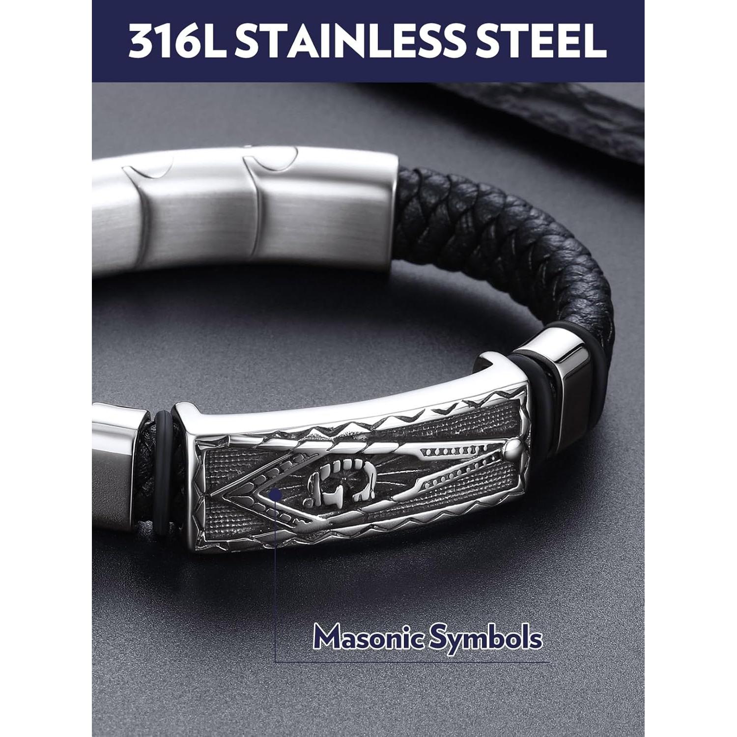 Pulsera de Cuero Trenzado Negra para Hombre Bandmax con Colgante Masónico